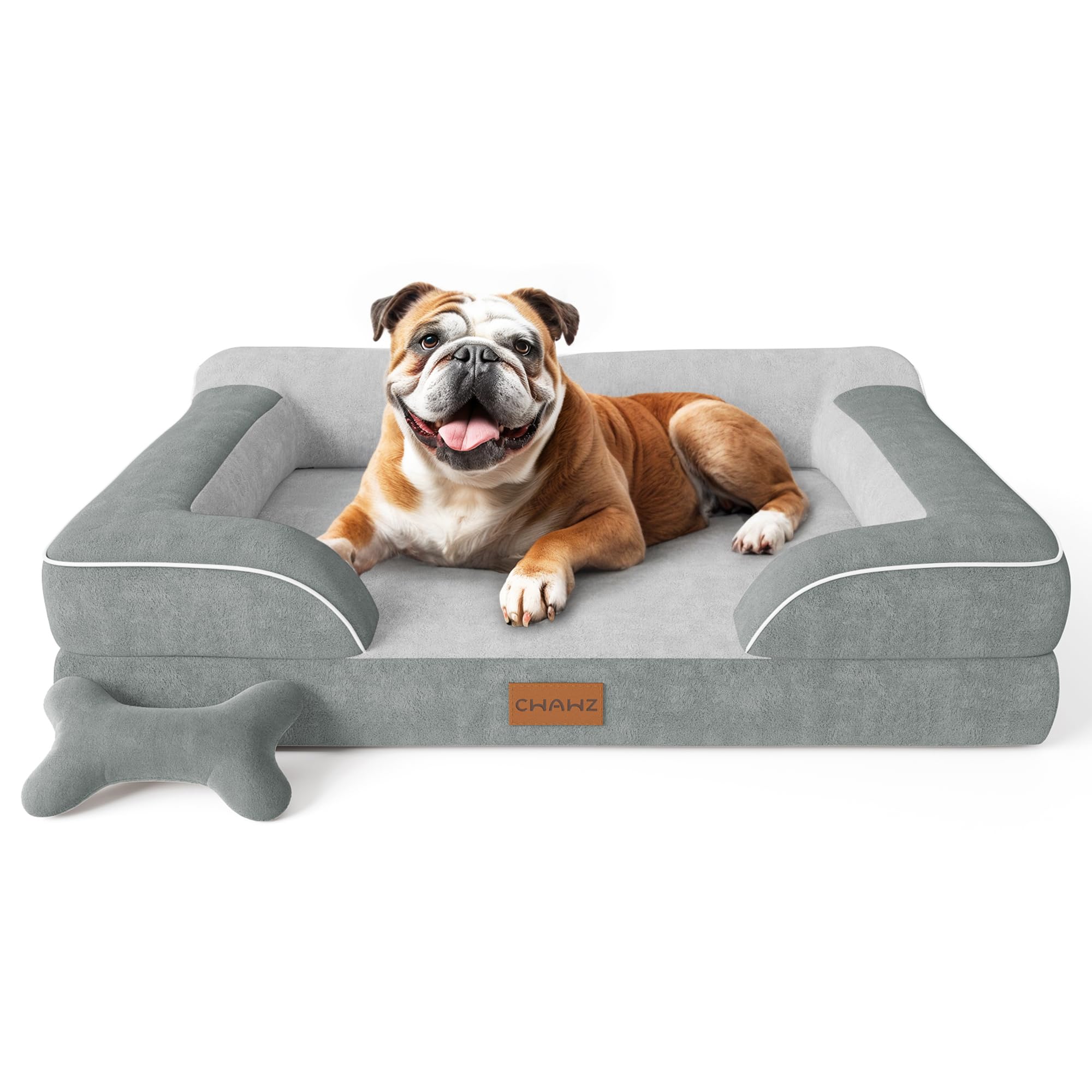 Photo 1 of CWAWZ Dog Beds for Large Dogs, Orthopedic Dog Bed with Cooling Gel Memory Foam, Waterproof Large Pet Bed with Removable Washable Cover, 36" Pet Sofa Couch Dutch Velvet with Bone Toy, Light Gray