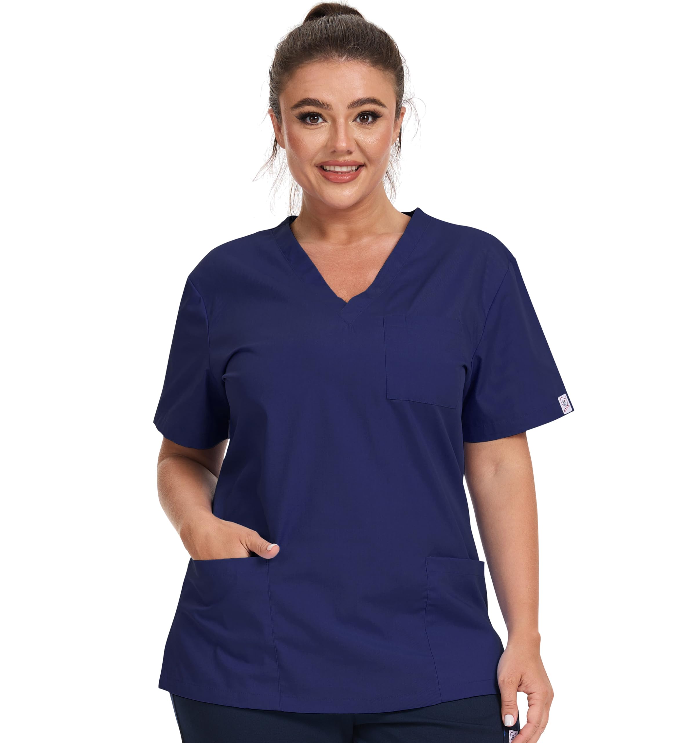 JONATHAN UNIFORM Womens V Neck Tunic Scrub Top, Short Sleeve Work Uniforms with 3 Pockets for Carer, Clinic, Dental, Nurse (Navy, S)