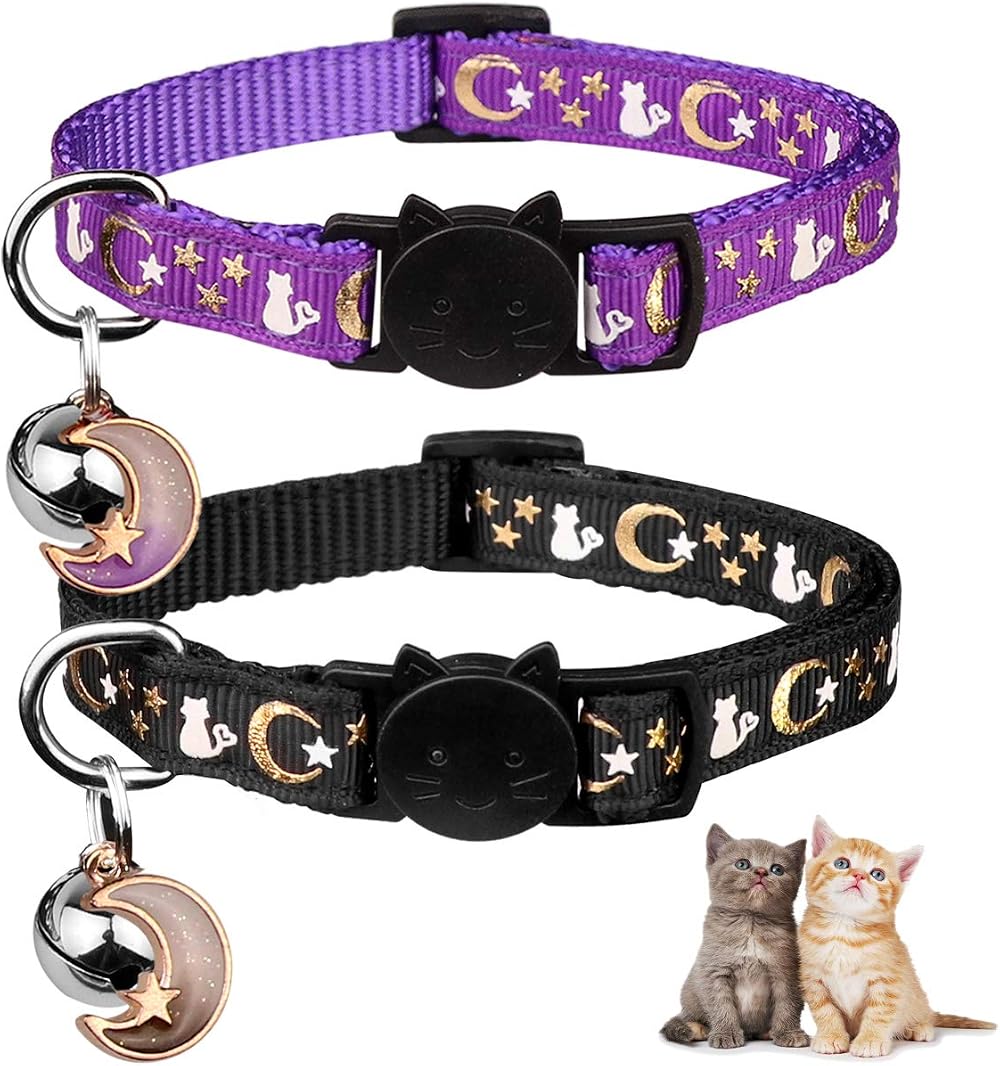 Baeuppit 2Pcs Breakaway Cat Collars Glow Moon Stars Safe Adjustable Kitten