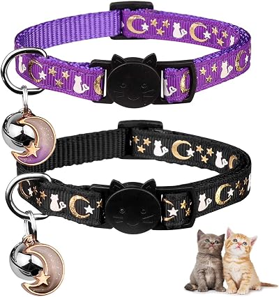 Baeuppit 2Pcs Breakaway Cat Collars Glow Moon Stars Safe Adjustable Kitten