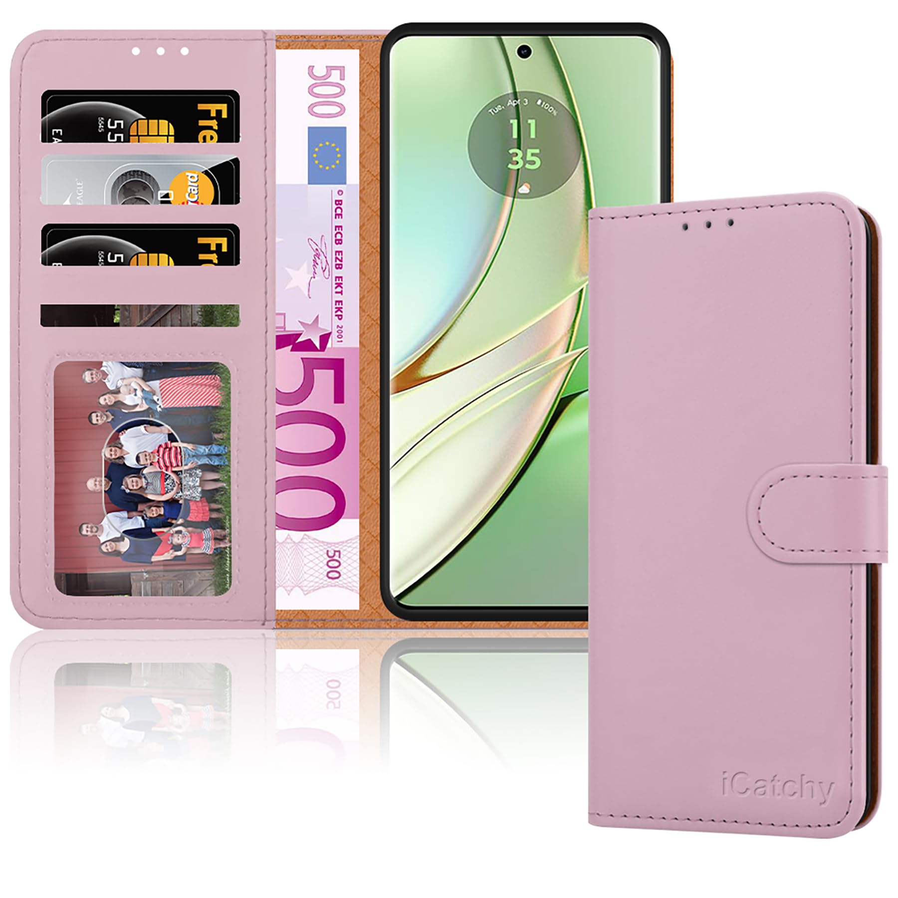 iCatchy for Motorola Edge 40 Case Leather Folio Wallet Book [RFID Blocking] Magnetic Closure [Kickstand With 4 Card Slots] Full Protection Cover (Rose Gold)