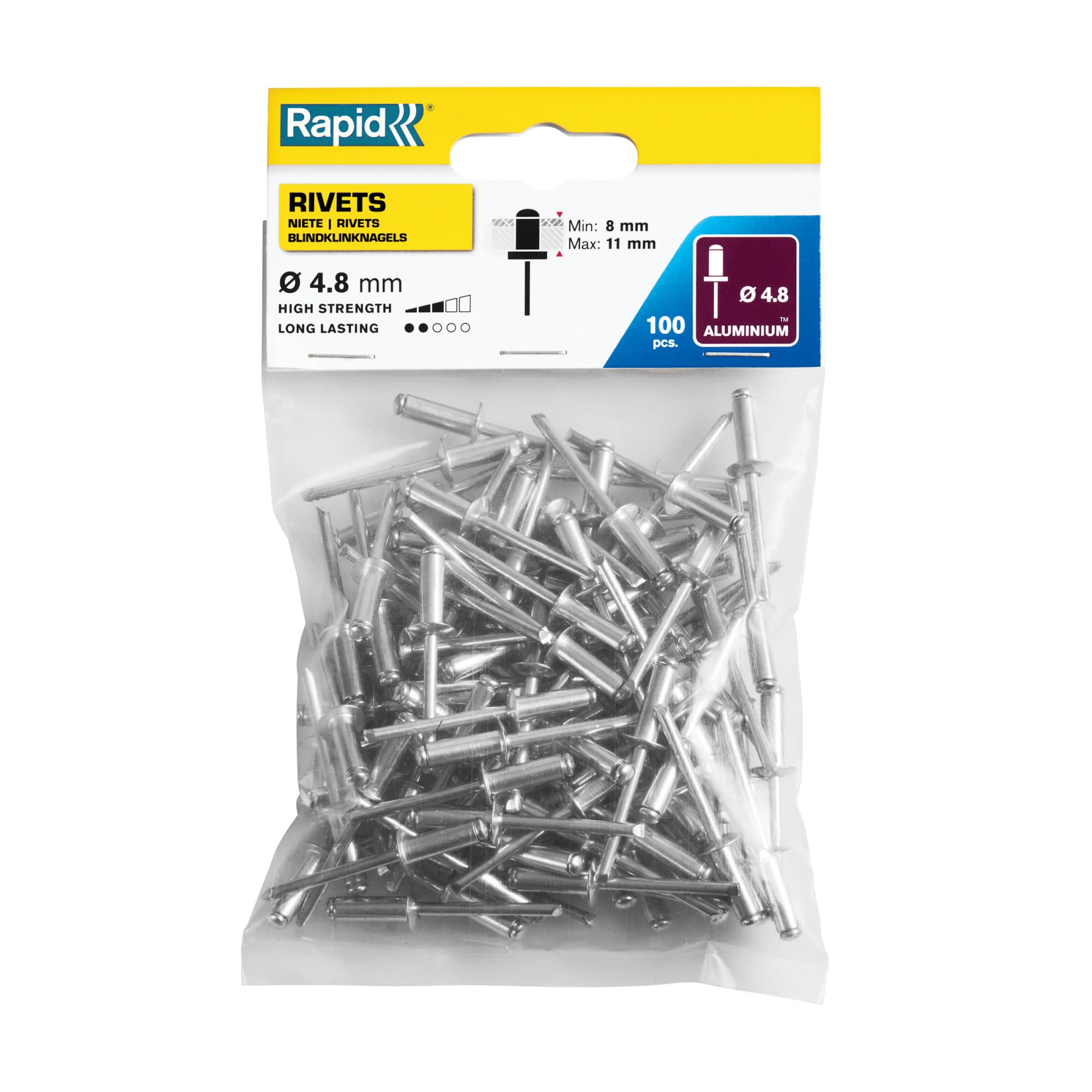 Rapid Rivets Standard Alumium rivets, 4.8 x 14 mm, 5000381 - 100 Pieces, Silver/ Clear/ Blue