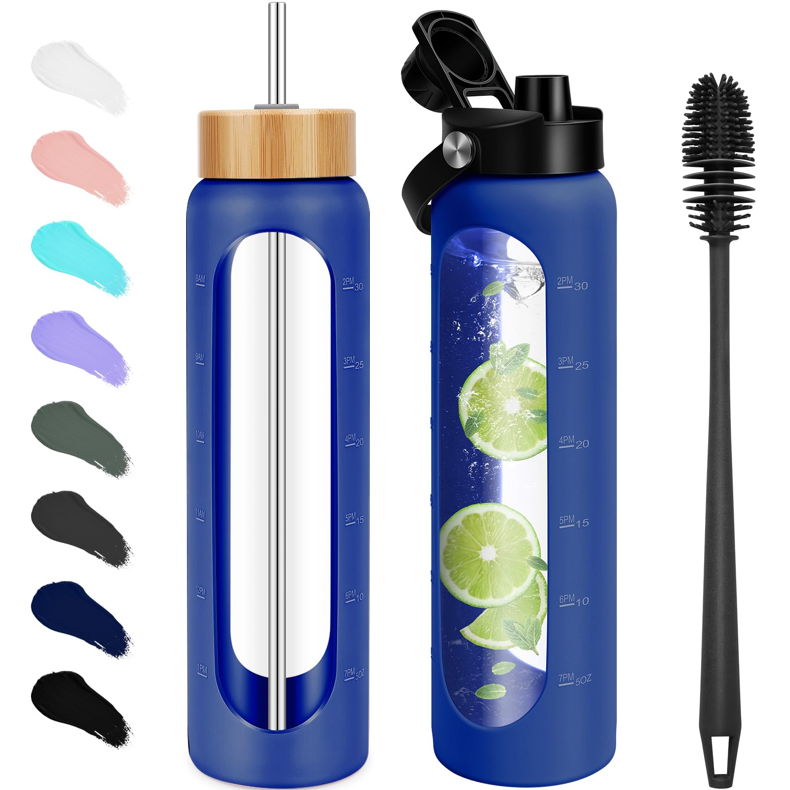 Photo 1 of FULBEVY 32 oz Glass Water Bottles - 1 Liter Motivational Tumbler Water Bottle Time Marker - Borosilicate Glass Water Bottle With Silicone Sleeve and 2 Lids, Handle Spout & Bamboo Straw Lid