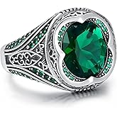 PYTALI Sterling Silver Oval Emerald Gemstone Ring for Men Vintage Retro Jewelry for Men