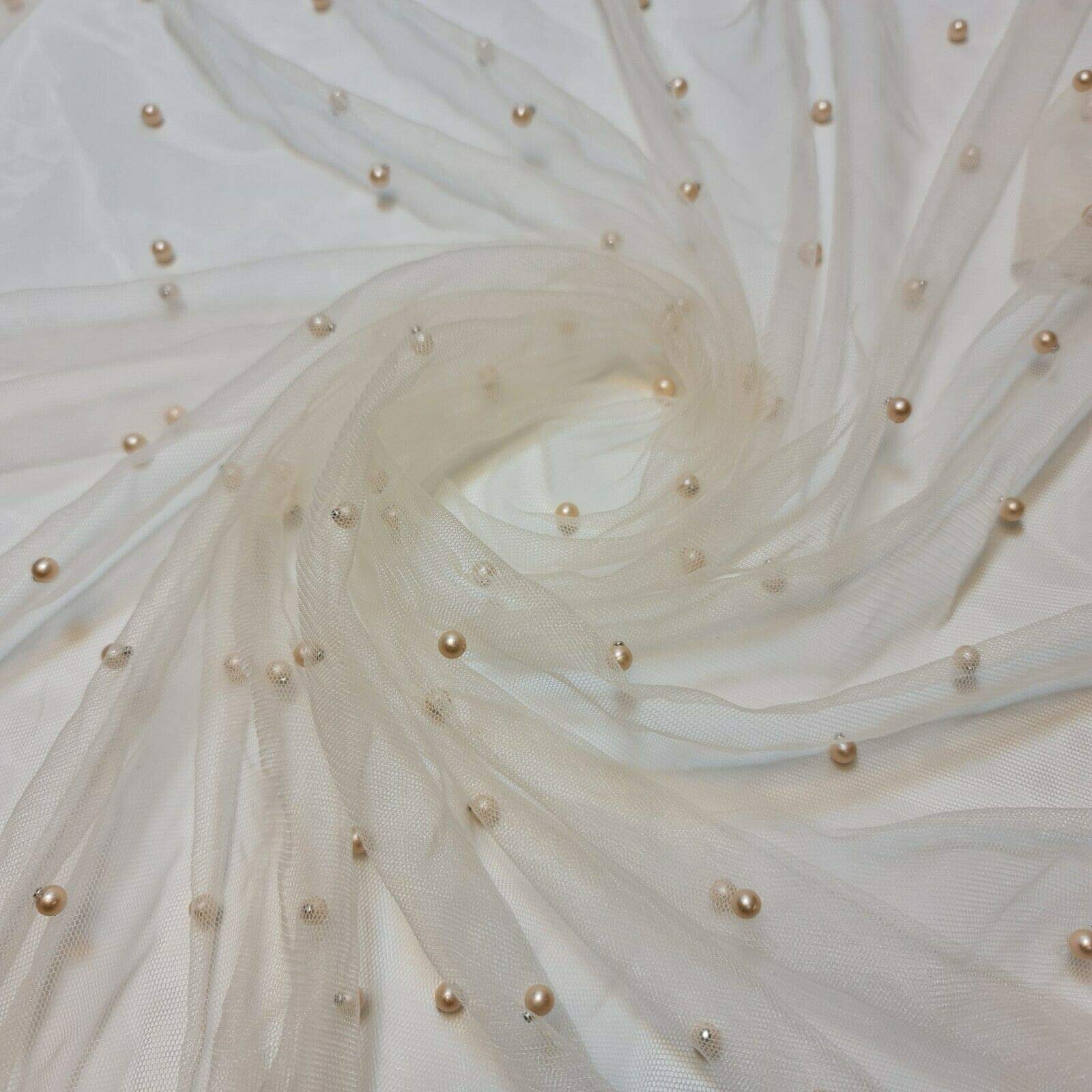 Textile Station 58" Wide Tulle Beaded Pearl Lace Net Fabric Bridal Veil Wedding Backdrop Décor Available in 25 Colours (Nude, 2 Meter)
