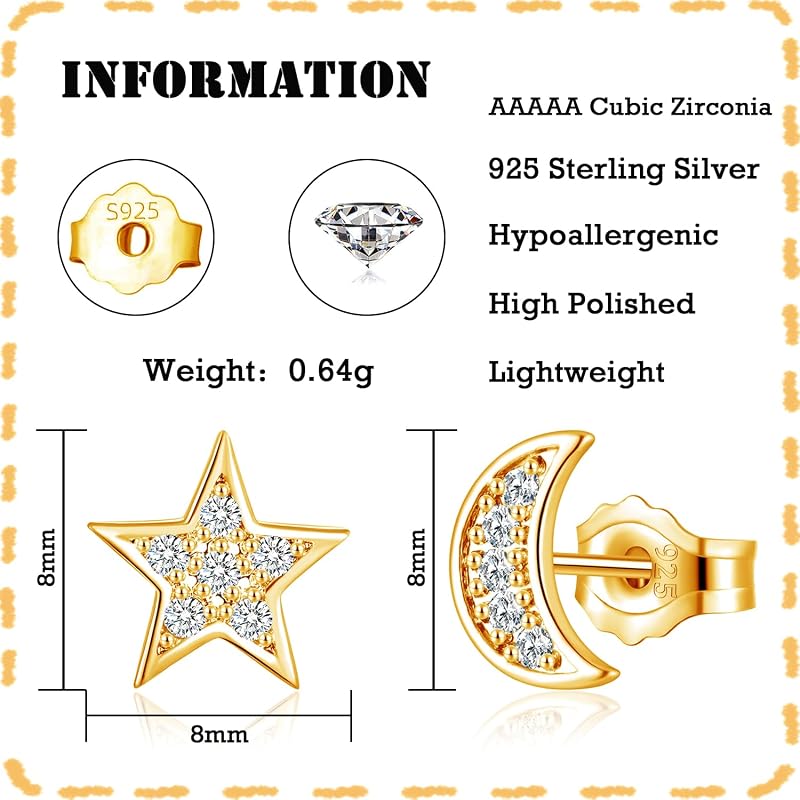 Brincos de prata para mulheres, prata esterlina 925, hipoalergénicos, em forma de coração, estrela, lua, com zircónia, brincos modernos de cartilagem de 8mm com caixa de presente — foto 2 de 7