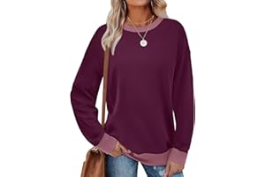 Saloogoe Sweatshirts for Women Crewneck Long Sleeve Loose Fit Tops Color Block Ribbed Trim Fashion 2024