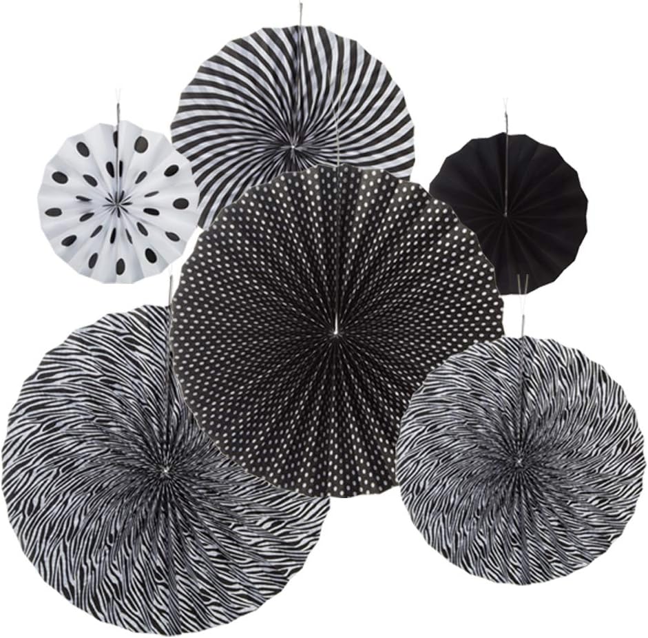 Black and White Hanging Paper Fans Party Decorations, Pack of 6