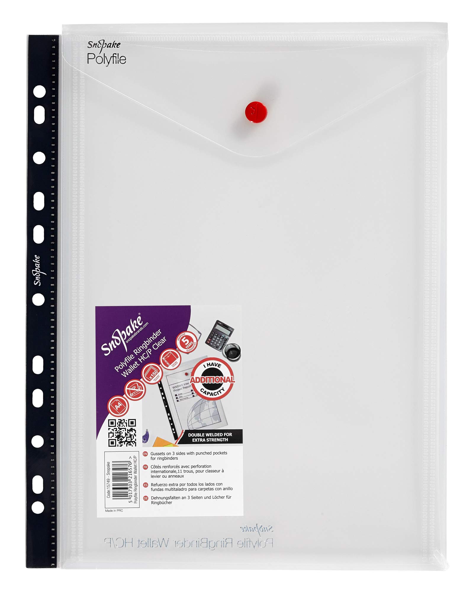 Snopake A4 High Capacity Polyfile RingBinder Popper Wallet, Portrait – Clear [Pack of 5] Ref: 15749