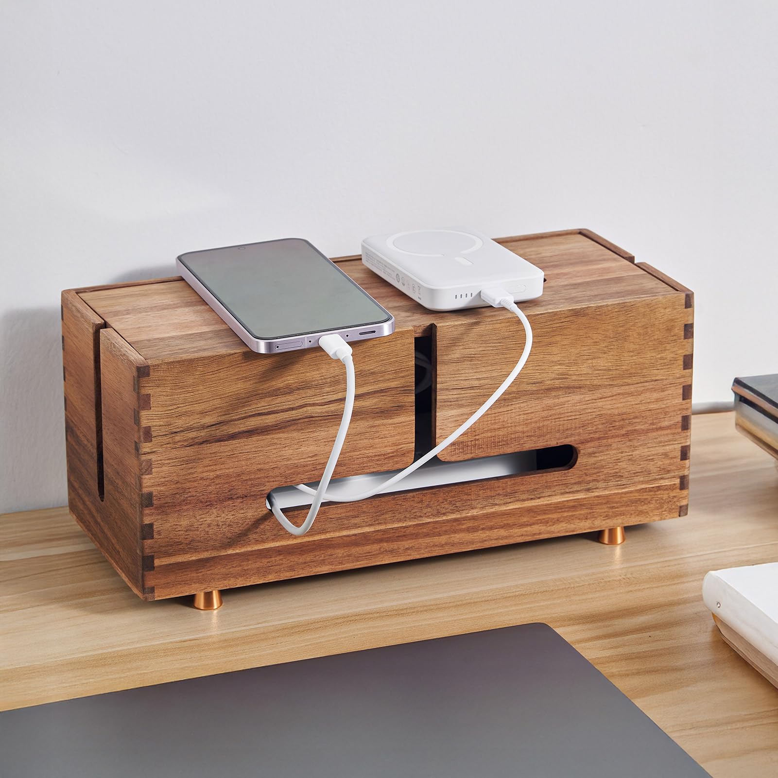 Photo 1 of SARUFO Acacia Wood Cable Management Box - Wooden Cord Hider with 4 Metal Feet?, Organizer for Desk & Floor, Power Strip TV Wire Concealer, Under Desk Storage for Office, Home Electrical Cables