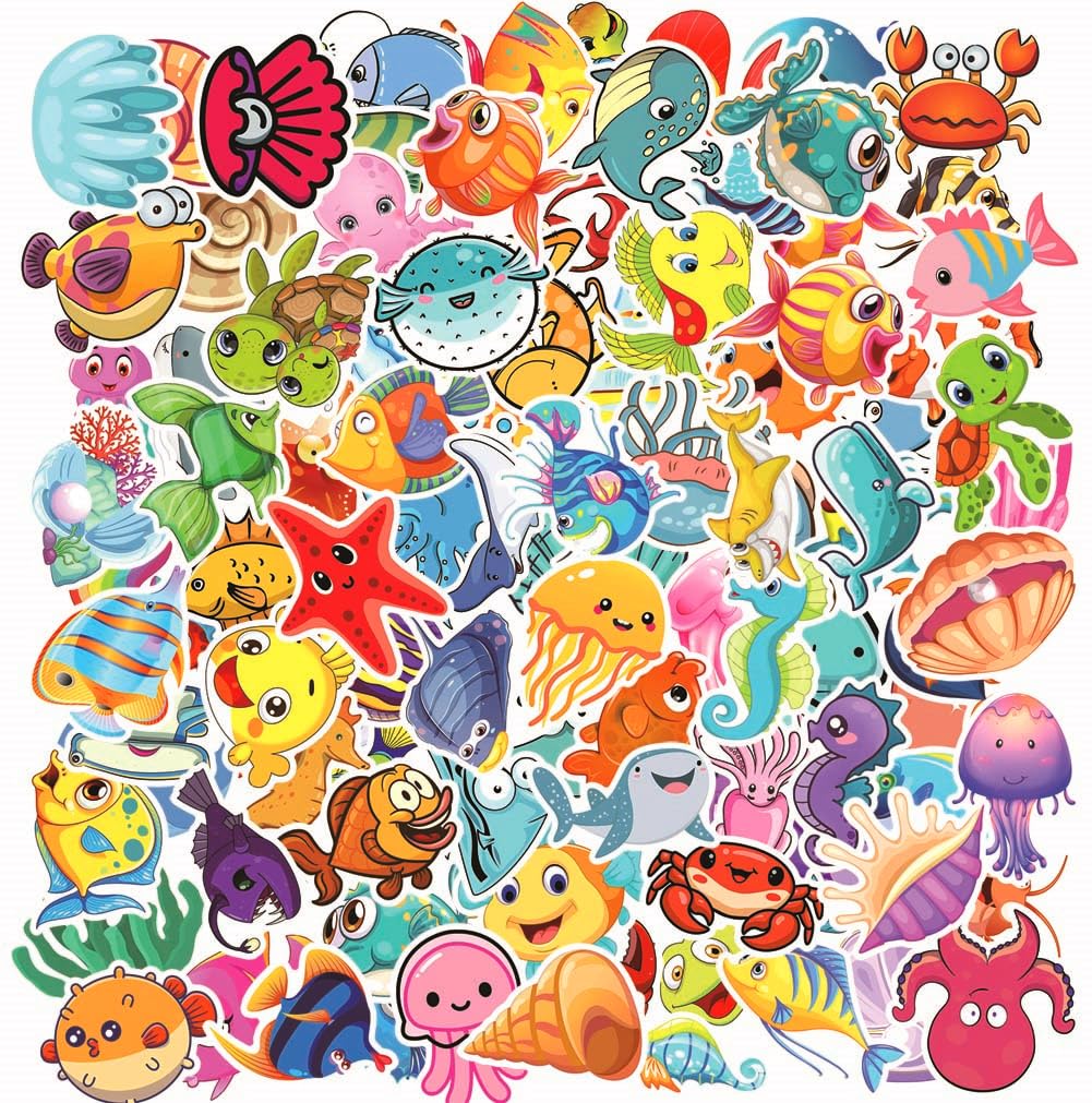 100 Pcs Under The Sea Creature Stickers, Waterproof Vinyl Sea Life Sticker Pack, Ocean Animal Stickers for Kids Water Bottles, Ocean Theme Party Favors