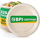 Joyborn Heavy Duty Compostable Paper Plates 10 Inch, Natural, 125 Pack | 100% biodegradable bagasse plates, BPI certified, heavy duty, microwave-safe, soak-resistant, cut-resistant, bulk for party