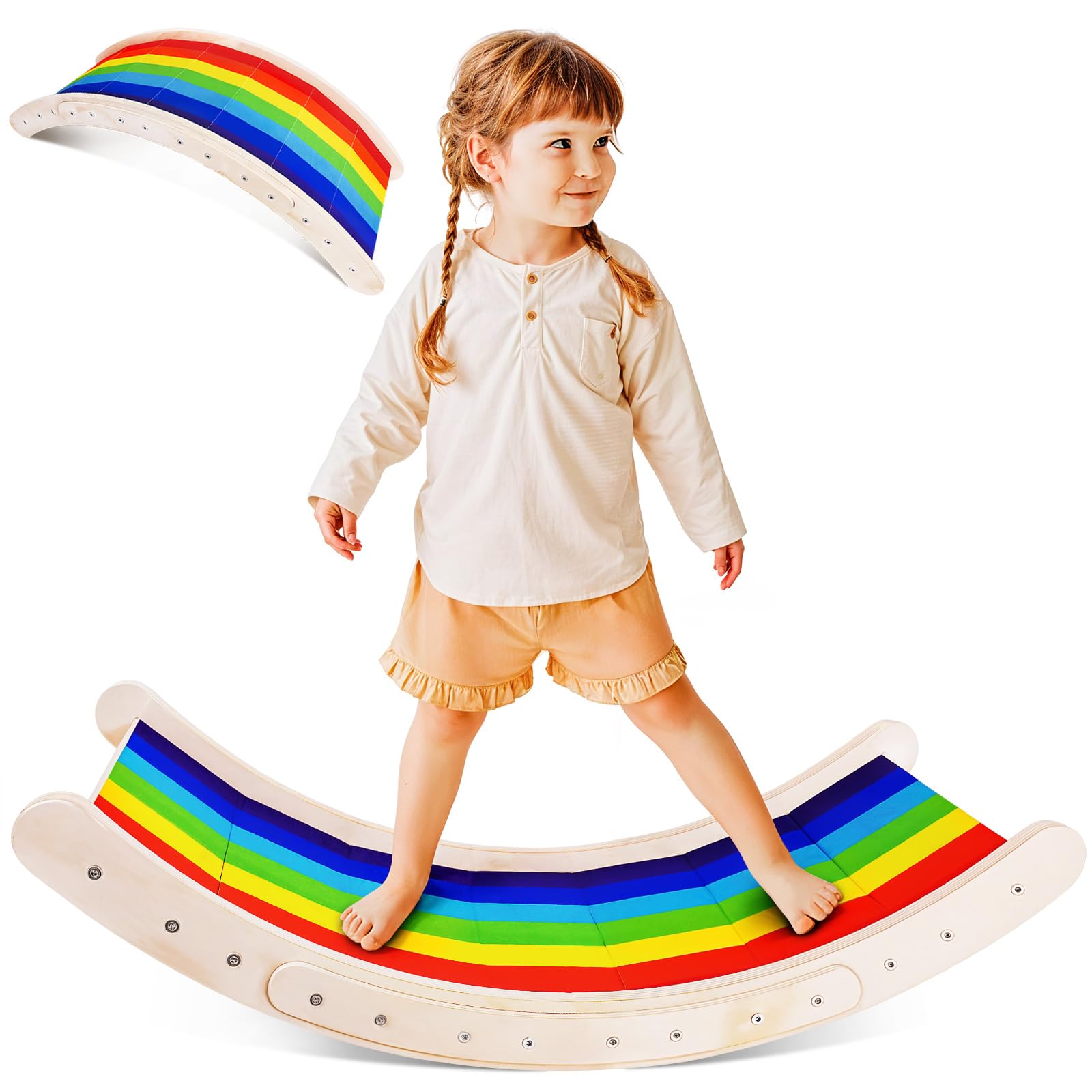 Photo 1 of Balance Board Kids, Rainbow Toddler Wobble Board Finger Protect Wood Rocker Board Open Ended Montessori Learning Toy, Gifts for 3-12 Year Old Boys Girls Kids Birthday & Christmas Stocking Stuffers