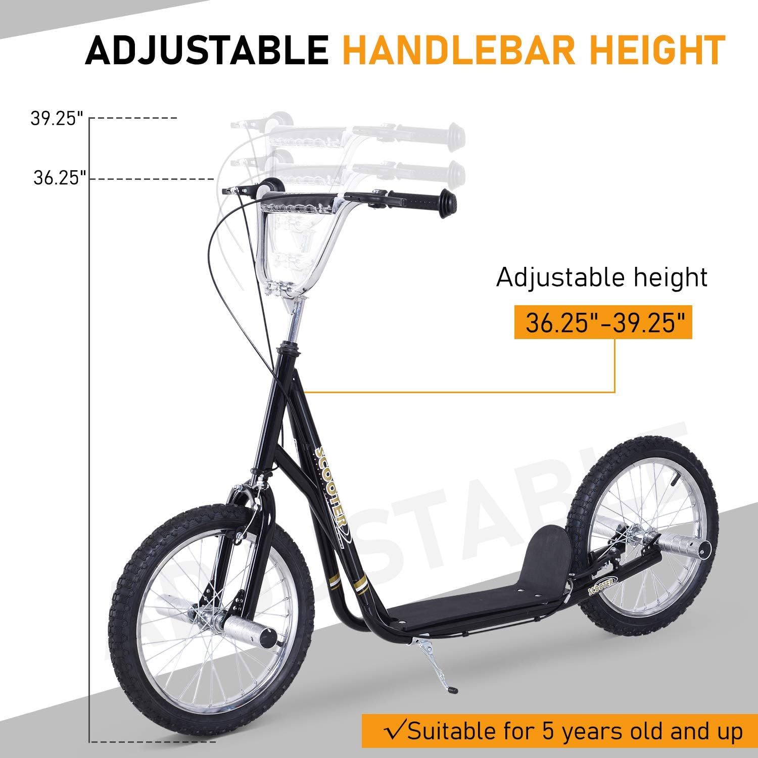 HOMCOM Stunt Scooter, Kids Scooter with 16" Big Wheels, Adjustable Height, Dual Brakes, for Ages 5+ Years, Black - Image 5