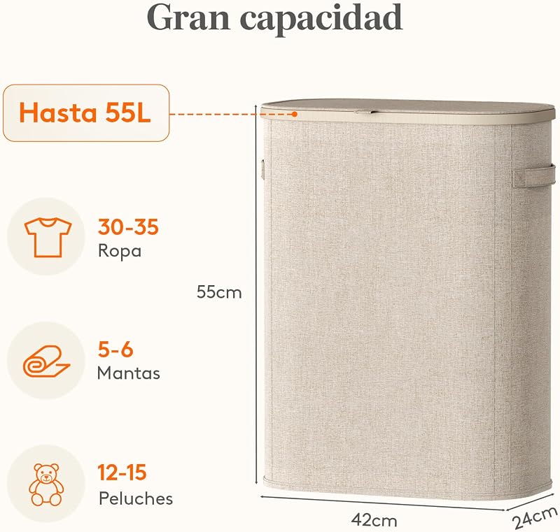 Cesto da roupa suja, cesto dobrável com saco e pega removíveis, balde de roupa com tampa, cesto de roupa para quarto, casa de banho, lavandaria, quarto, 55 L, bege
