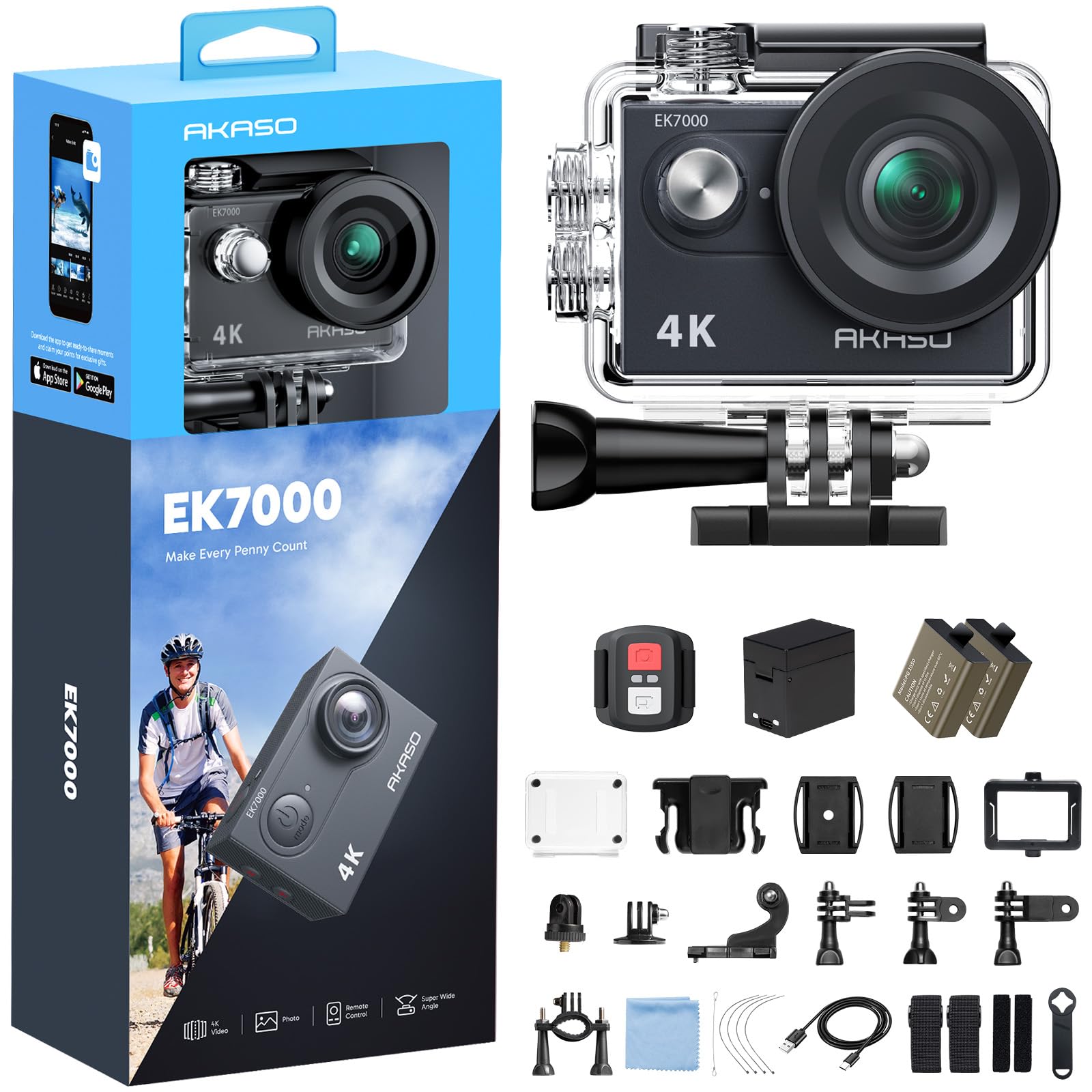 AKASO EK7000 4K30FPS 20MP WiFi Cámara de acción con EIS Ultra HD 131FT Cámara subacuática impermeable Control remoto Soporte de zoom 4X Micrófono externo Negro