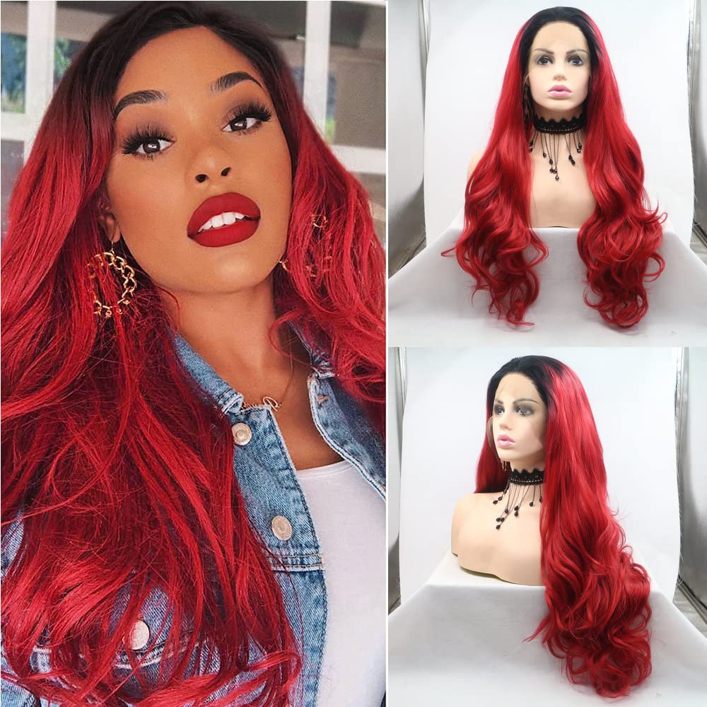 Mermaid Black Ombre Red Synthetic Lace Front Wigs for Women 180% Density Long Wavy 1B Black Red Synthetic Fiber Hair Drag Queen Wigs for Women Cosplay Party Travel Holidays Glueless