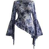 WDIRARA Women's Plus Size Boho Print Long Bell Sleeve Blouse V Neck Asymmetrical Ruffle Tops
