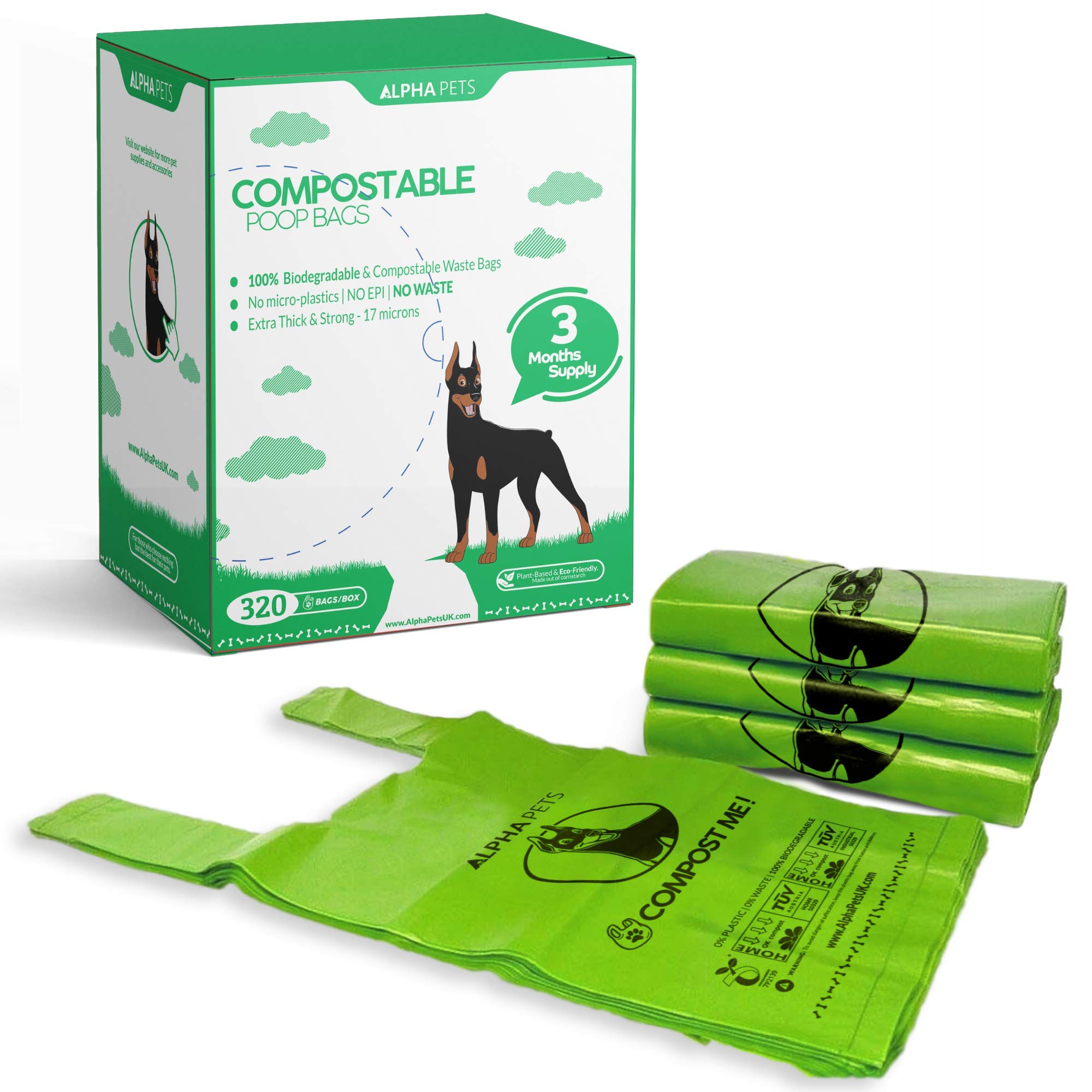 Alpha Pets Compostable Dog Poo Bags With Easy-Tie Handles - 320 Medium-Large Biodegradable Cornstarch Pet Waste Bags - 3 Month Supply With Dispenser Box