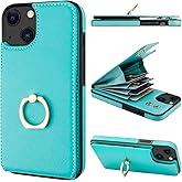 Folosu Compatible with iPhone 13 Case Wallet with Card Holder, 360°Rotation Finger Ring Holder Kickstand Protective RFID Blocking PU Leather Double Buttons Flip Cover 6.1 Inch Mint Green