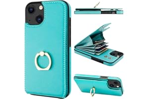 Folosu Compatible with iPhone 14 Case Wallet with Card Holder, 360°Rotation Finger Ring Holder Kickstand, RFID Blocking Leather Protective Double Buttons Shockproof Cover 6.1 Inch Green