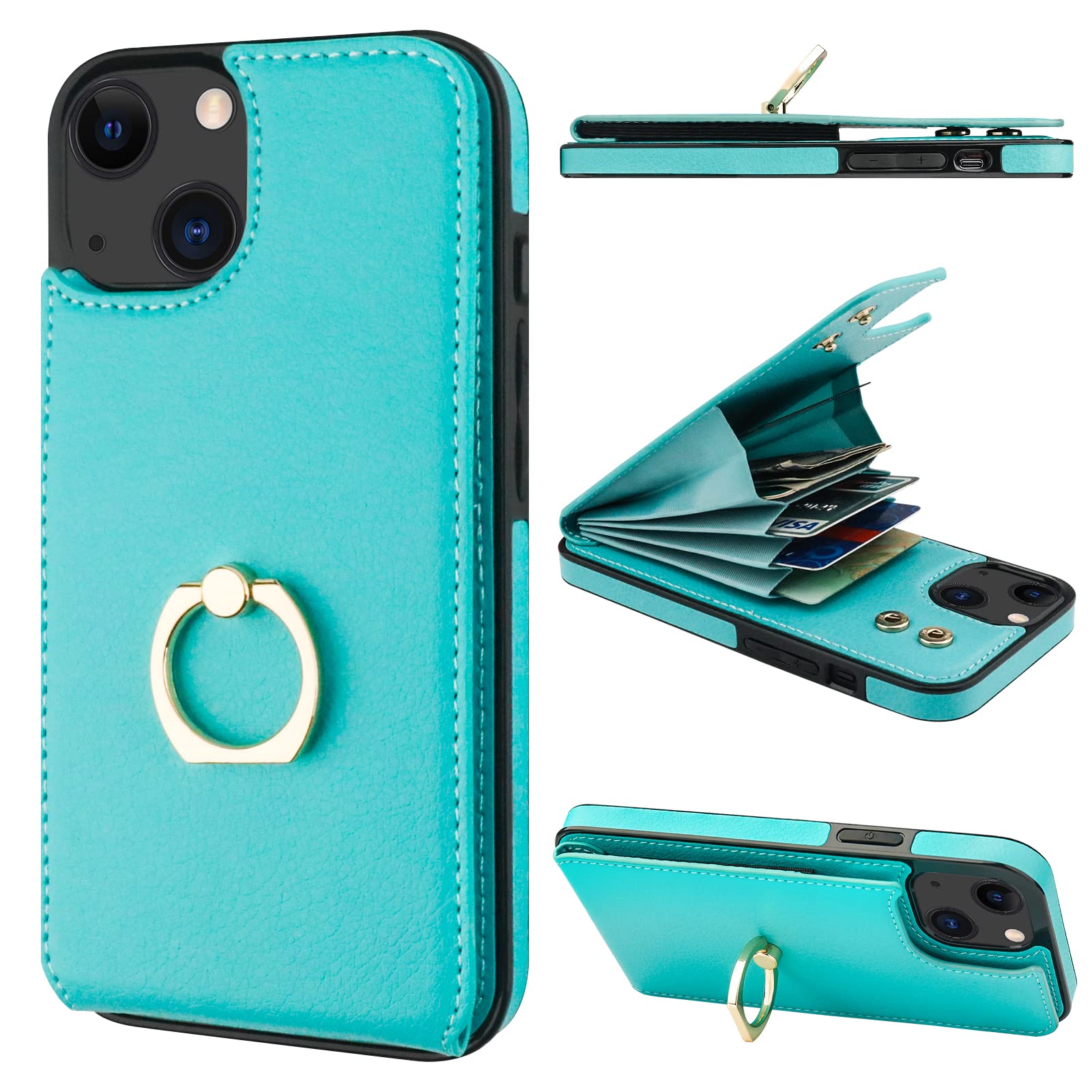 Folosu Compatible with iPhone 13 Case Wallet with Card Holder, 360°Rotation Finger Ring Holder Kickstand Protective RFID Blocking PU Leather Double Buttons Flip Cover 6.1 Inch Mint Green