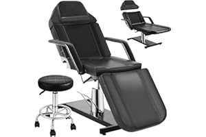 KIIUMI Facial Tattoo Chair, Hydraulic Esthetician Bed with Rolling Stool, Extended Head Spa Tattoo Artist Massage Table 360° Swivel Salon Beauty Spa Equipment w/Removable Armrests, Black