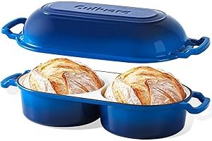 Cast Iron Bread Pan with Lid, Enamel Sourdough Baking Dutch Oven Pot, Double Round Loaf Space for Homemade, Bread, Cake, Meat