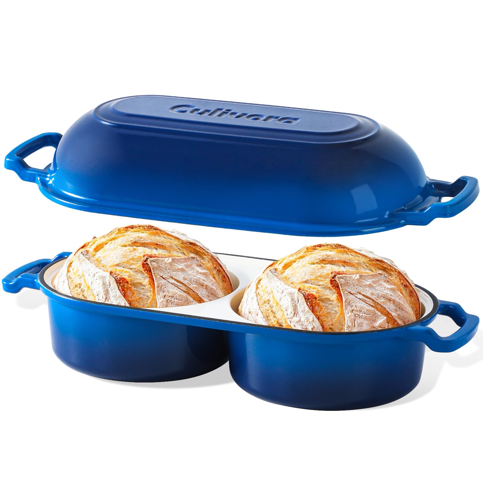 Photo 1 of Cast Iron Bread Pan with Lid, Mini Enamel Sourdough Baking Dutch Oven Pot, Double Round Loaf Space for Homemade, Bread, Cake, Meatloaf, 16.5cm Diameter, 500°F Oven Safe, Non Stick, Blue