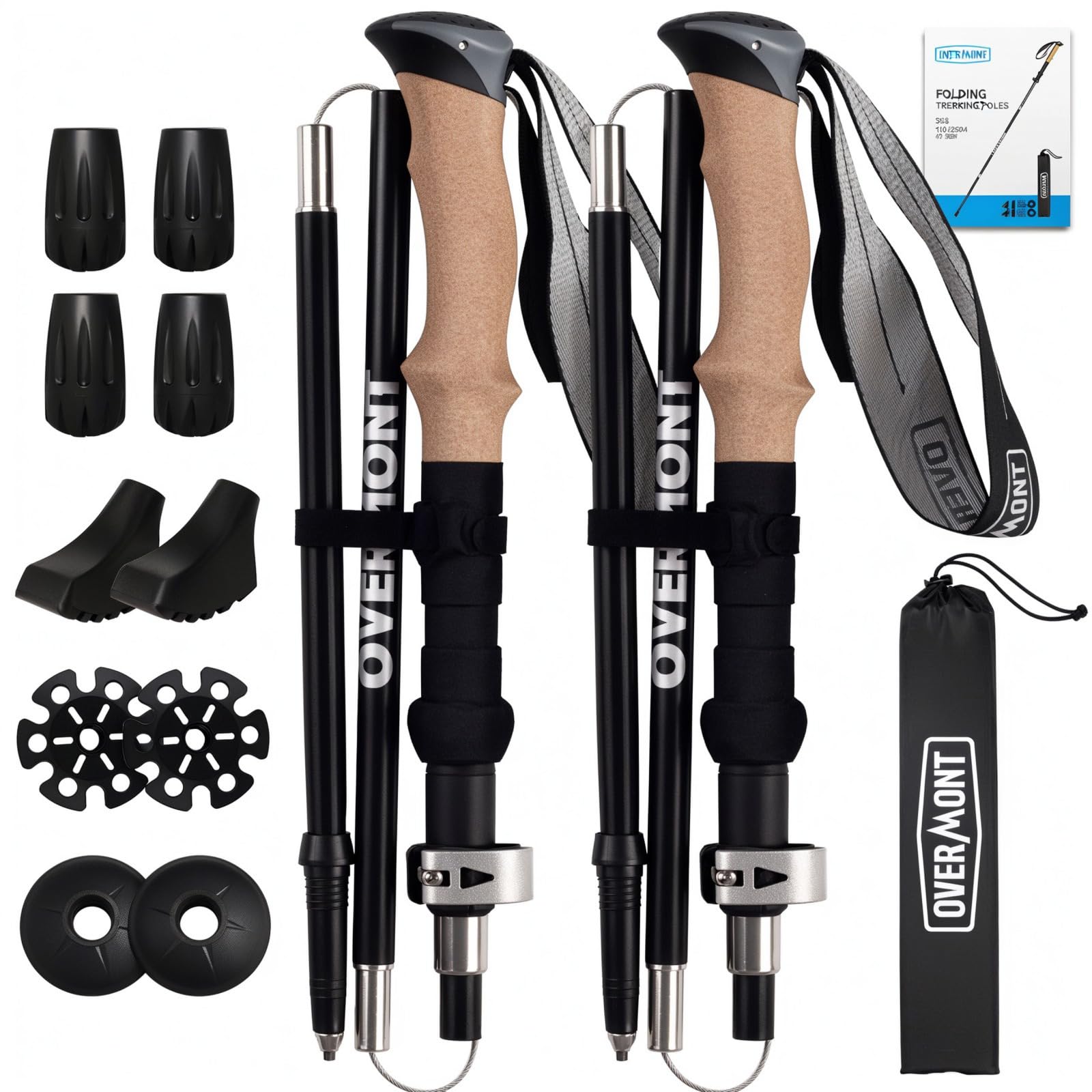 Overmont Walking Poles - 2pcs Collapsible Ultralight Aluminum Walking Sticks for Women Men Seniors with EVA Cork Handle,Trekking Poles Foldable, For Hiking, Camping, Mountaining, Backpacking Black