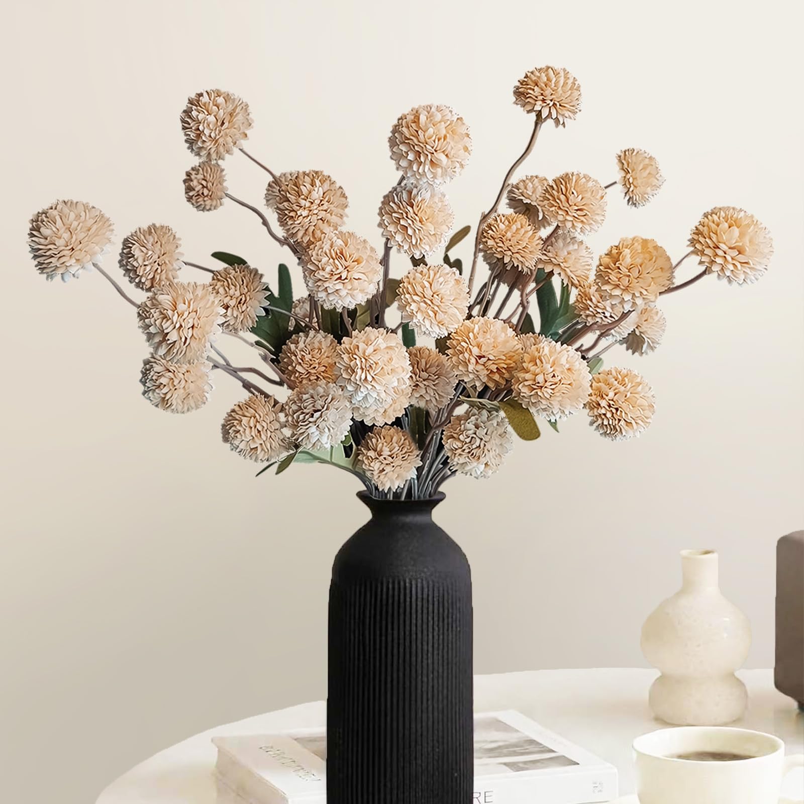 Photo 1 of 10 Pcs Fake Flowers, Artificial Mums with Long Stems, Beige Faux Pompon Mums Floral Arrangement, Champagne Plastic Flowers Silk Dried Flowers Home Decor, Fall Decorations for Home Vase(No Vase)