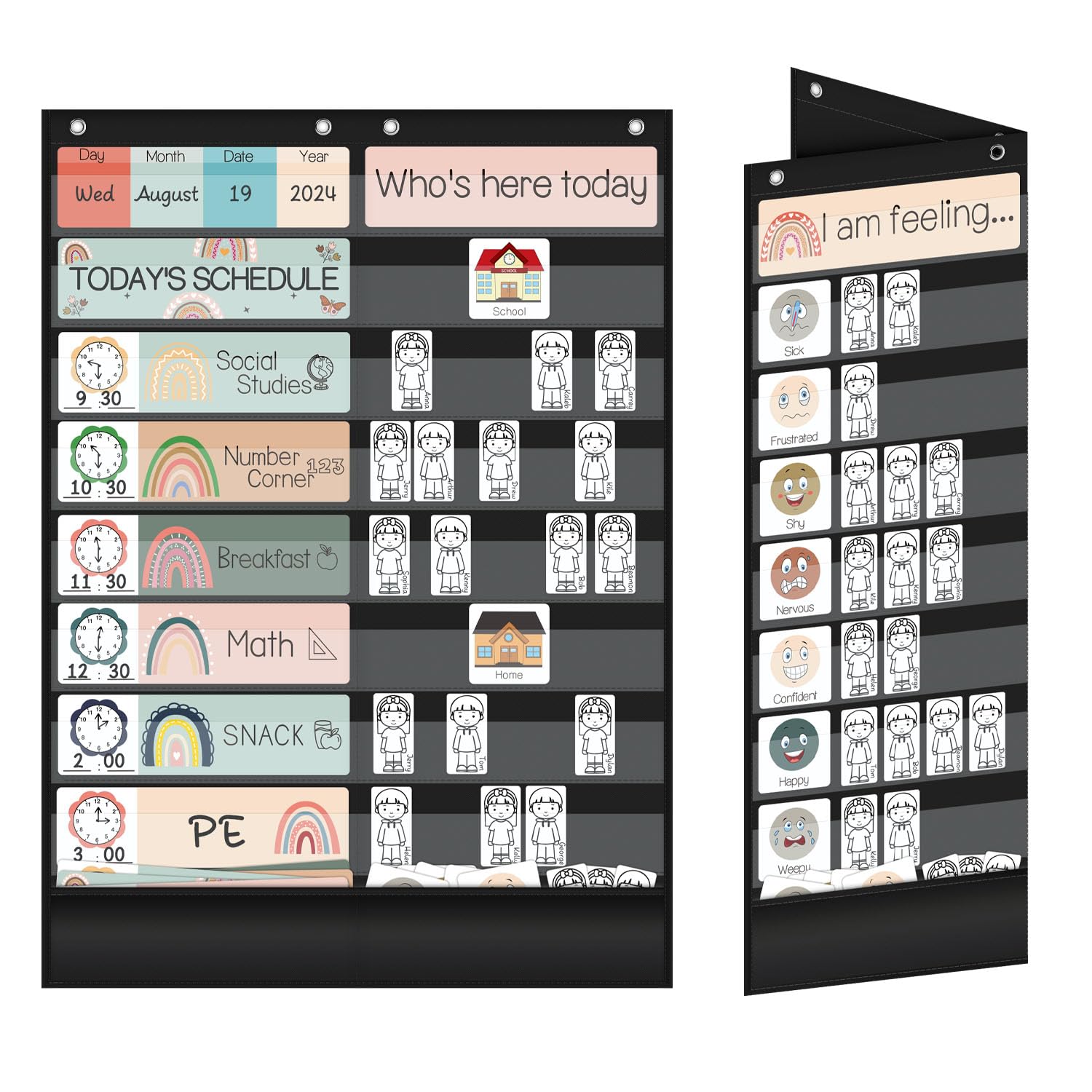 BOHEMIANY Large Daily Schedule Pocket Chart 34” X 24”, 16+2 Pockets Classroom Pocket Chart with 72 Cards, Foldable Sign-in Chart, Feeling Chart for Classroom Essentials for Teachers(Black)