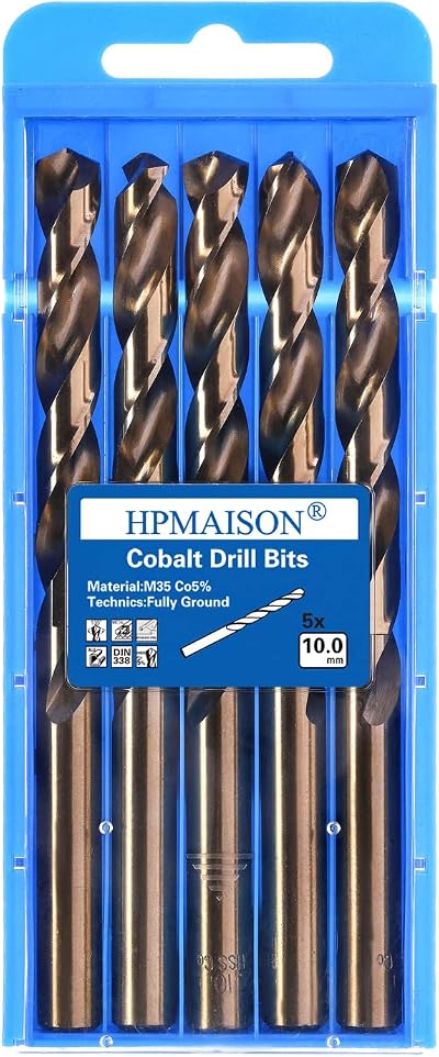 HPMAISON True 5% Cobalt Jobber Drill Bit Set 5Pcs 10mm M35 HSS Twist