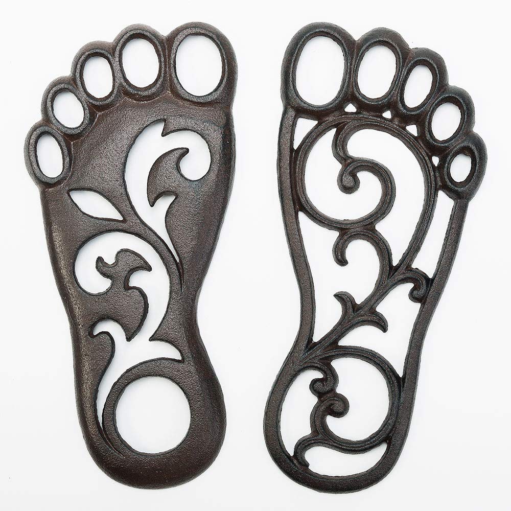 Sungmor Heavy Duty Cast Iron Stepping Mats for Front Door, 2PC 11.8 Inch Long Sturdy Metal Left & Right Footprint Stepping Stone, Retro Elegant Decorative Mat for Garden Lawn Panel Walkway Landscaping