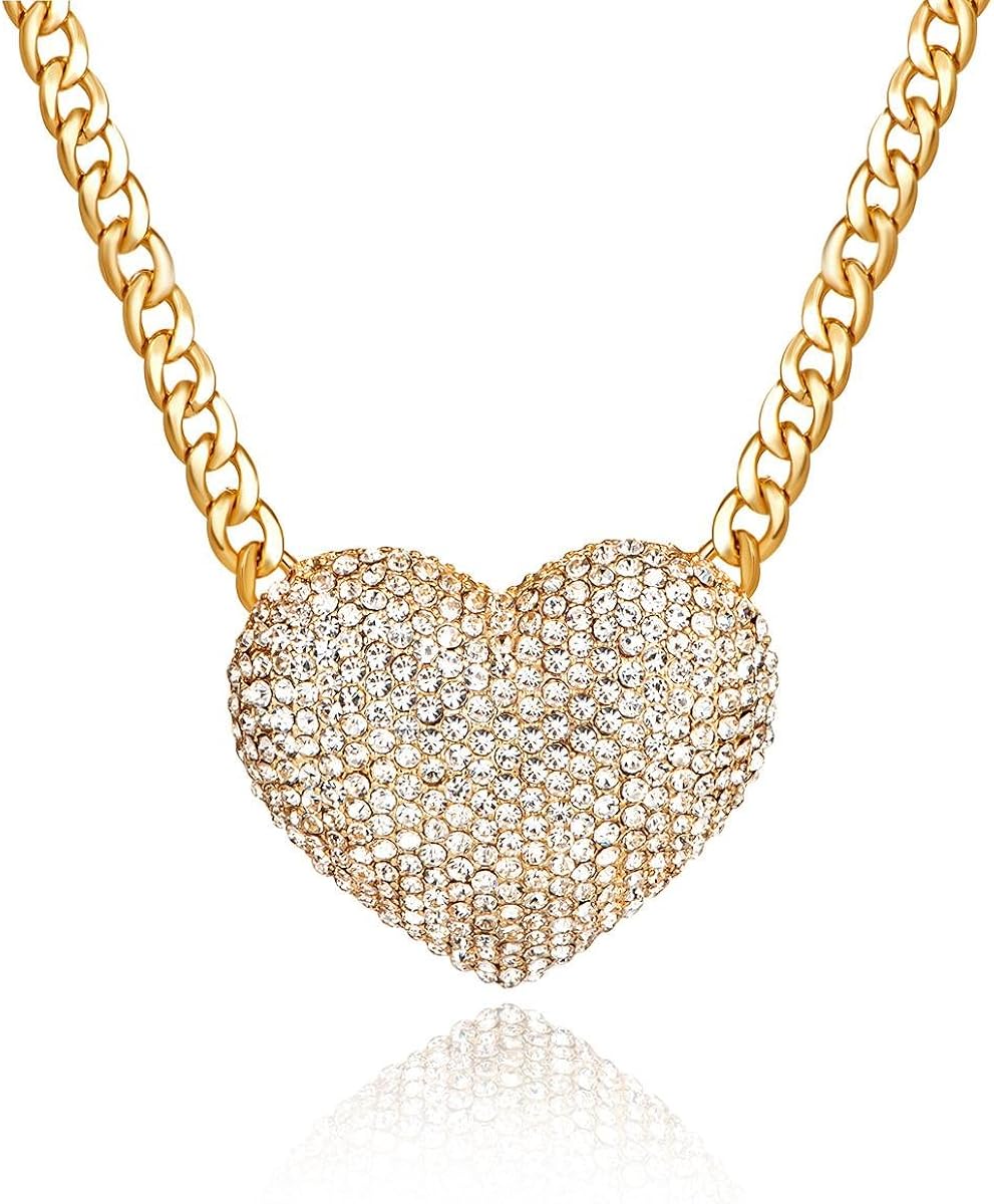 Women's Statement Sparkly Heart Necklace Shiny Rhinestone