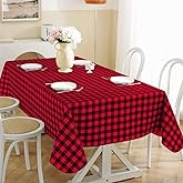 Buffalo Plaid Vinyl Tablecloth Rectangle 52x70 Inch with Flannel Backing, Waterproof Anti-Slip Checkered Table Cloth, Heavy Plastic Table Cover for Dining,Party, Indoor, Outdoor, Red and Black