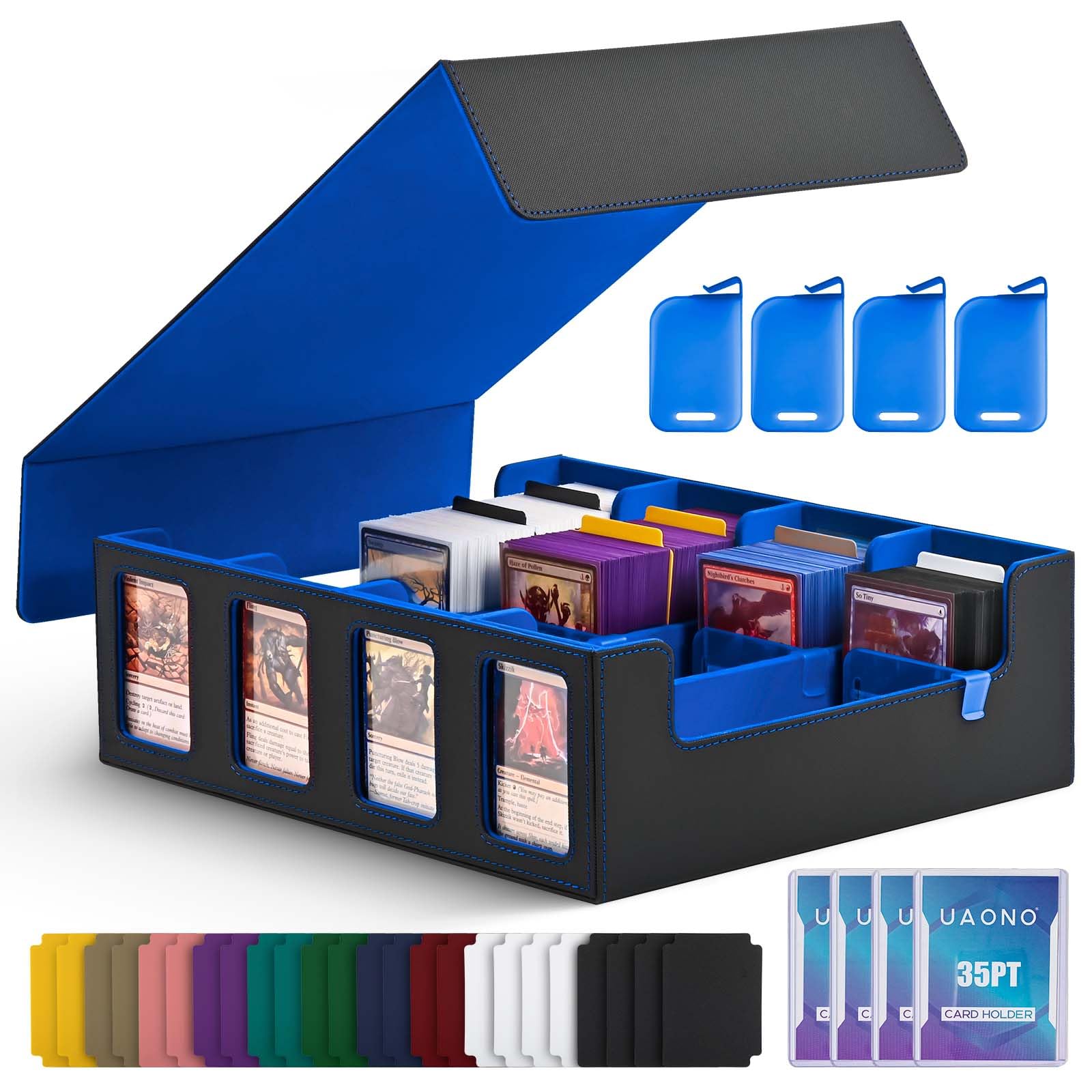 Photo 1 of UAONO Trading Card Storage Box with Commander Display; 2400+ Deck Box for MTG with Removable Cover; Toploader Card Case fits Magic TCG PTCG Sports Cards; 24 Dividers, 4 Stoppers (Black, Blue)