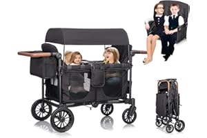 VOUPOU 4 Kids Wagon Stroller Push-Pull - Lightweight Travel Fold Tandem Trolley with 5-Point Harness,Adjustable Canopy&Handle,Snack Tray,Storage,Mom Bag,All-Terrain Wheels for Beach Travel Camping Shopping