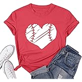 Baseball Shirt Women Baseball Heart Tee Shirts Baseball Mom Tshirt Game Day Casual Crew Neck Short Sleeve Tops
