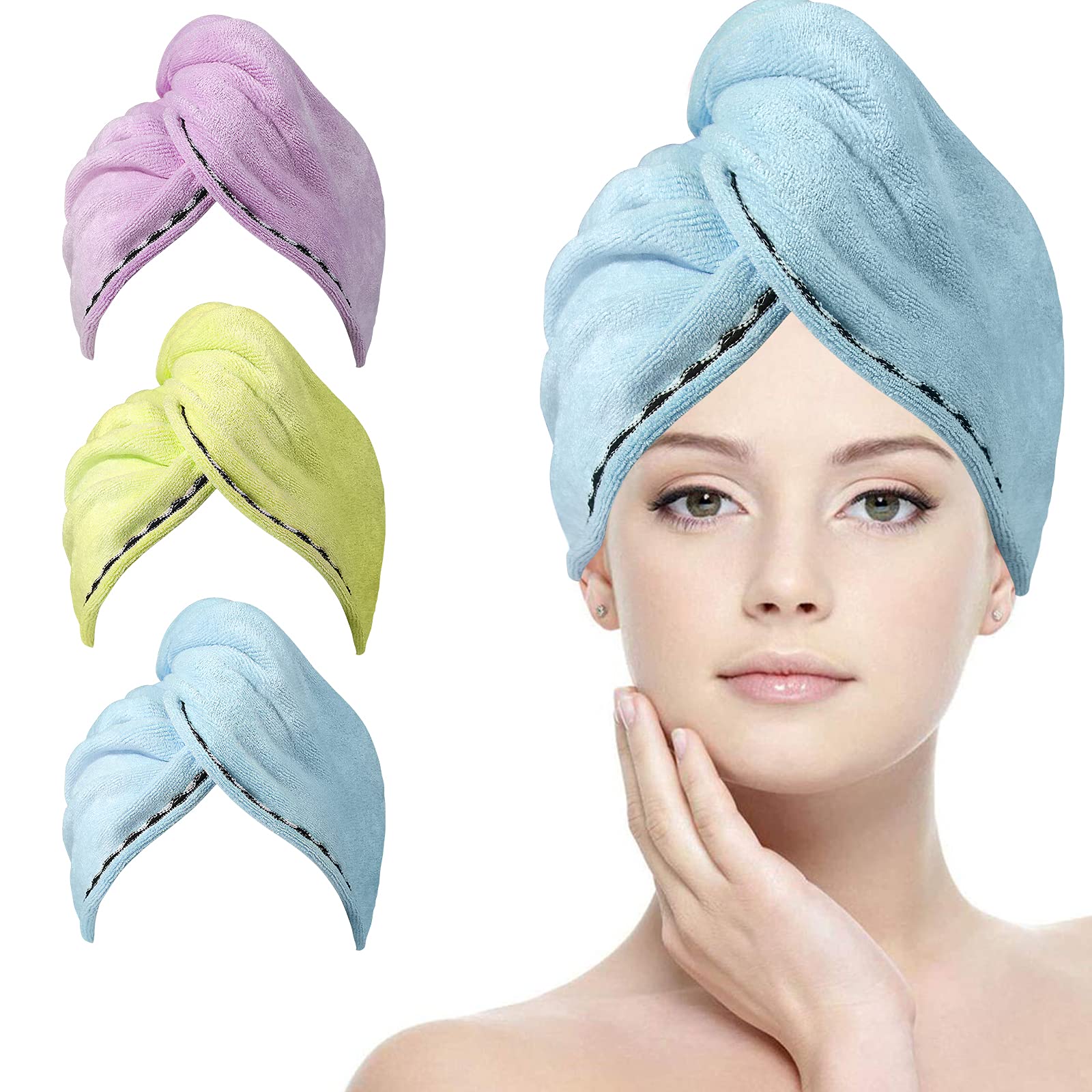 ACWOO Hair Turban Towel, 3 Pack Soft Microfibre Hair Towels with 6 Pcs Hair Ties, Super Absorbent Fast Dry Bath Head Wrap for Women (Blue & Yellow & Purple)