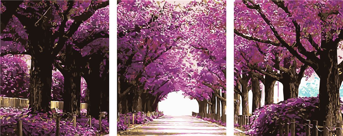 YEESAM ART New Paint by Numbers for Adults Set Pack of 3 Multi Pack Pieces Panels Canvas - Romantic Aisle Purple Leaves 3 x 16*20 inches Linen Canvas DIY Digital Painting by Numbers Kits (With Frame)