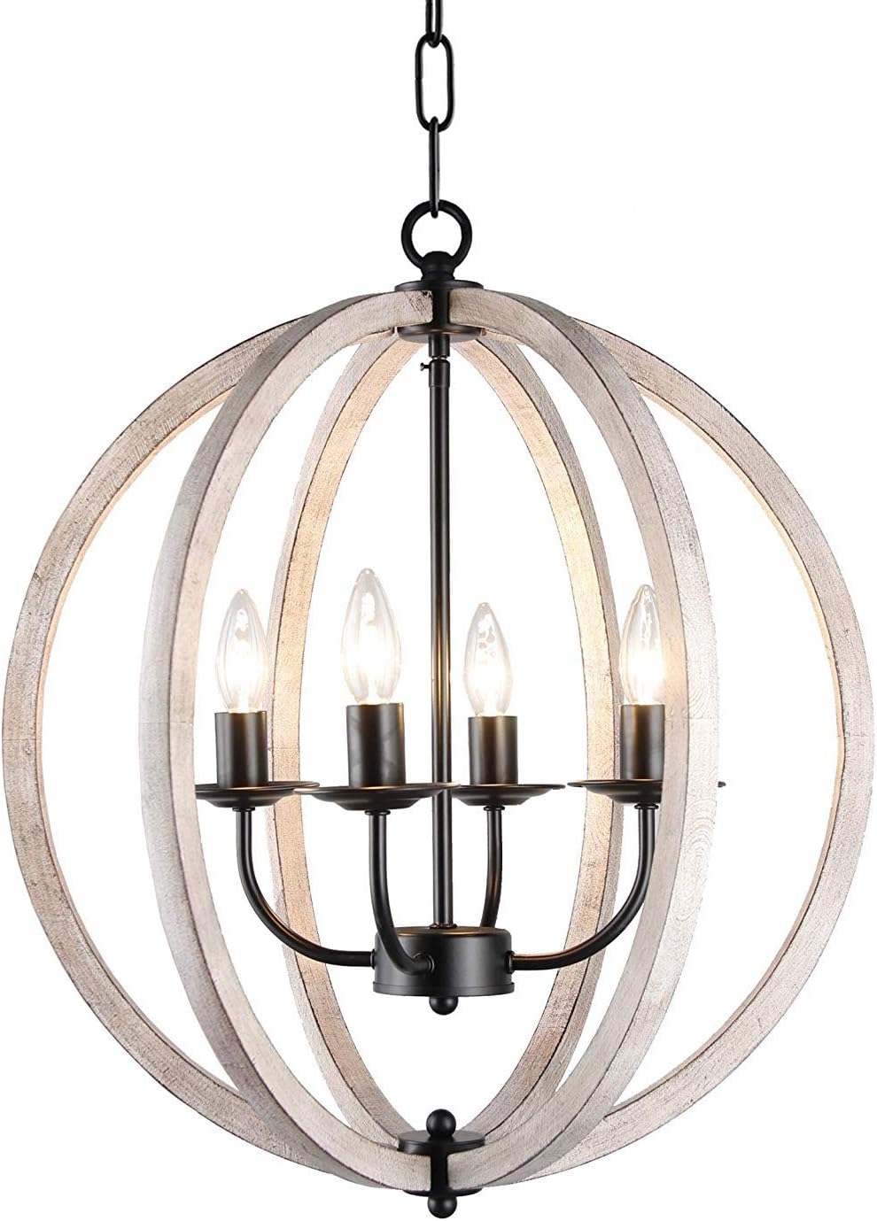Decomust (20" W x 22.6" H Orb Global Natural Wood Frame Chandelier Foyer Candle-Style Rustic Pendant Lamp