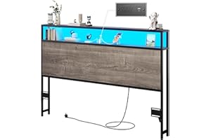 Lifezone Headboard Queen Size with Storage, 2-Tier Queen Headboard with Shelf, LED Light & Charging Station & USB Port, Sturdy and Easy Assembly, Retro Grey