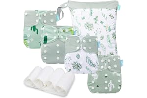 Smarbore Baby Cloth Diapers Set - 4 Pack with 4 Inserts & 1 Wet/Dry Separation Bag, Reusable Infant Toddler Nappy, Adjustable Pocket Diapers for Baby Boys and Girls (6-33 pounds, 0-3 Years)