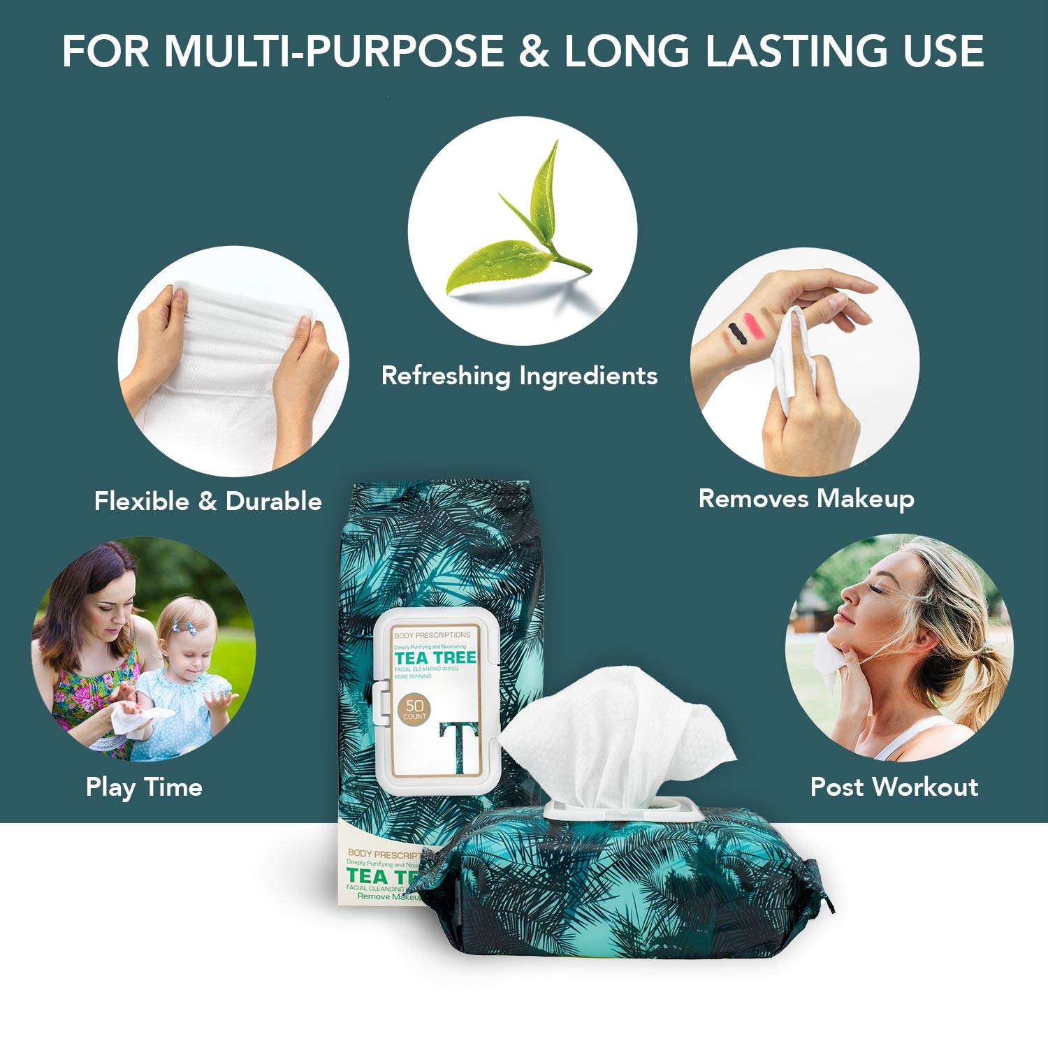 Body Prescriptions 2 Pack (50 Count Each) Tea Tree Facial Cleansing and Gentle Make Up Remover Wipes – Flip Top Pack: Beauty