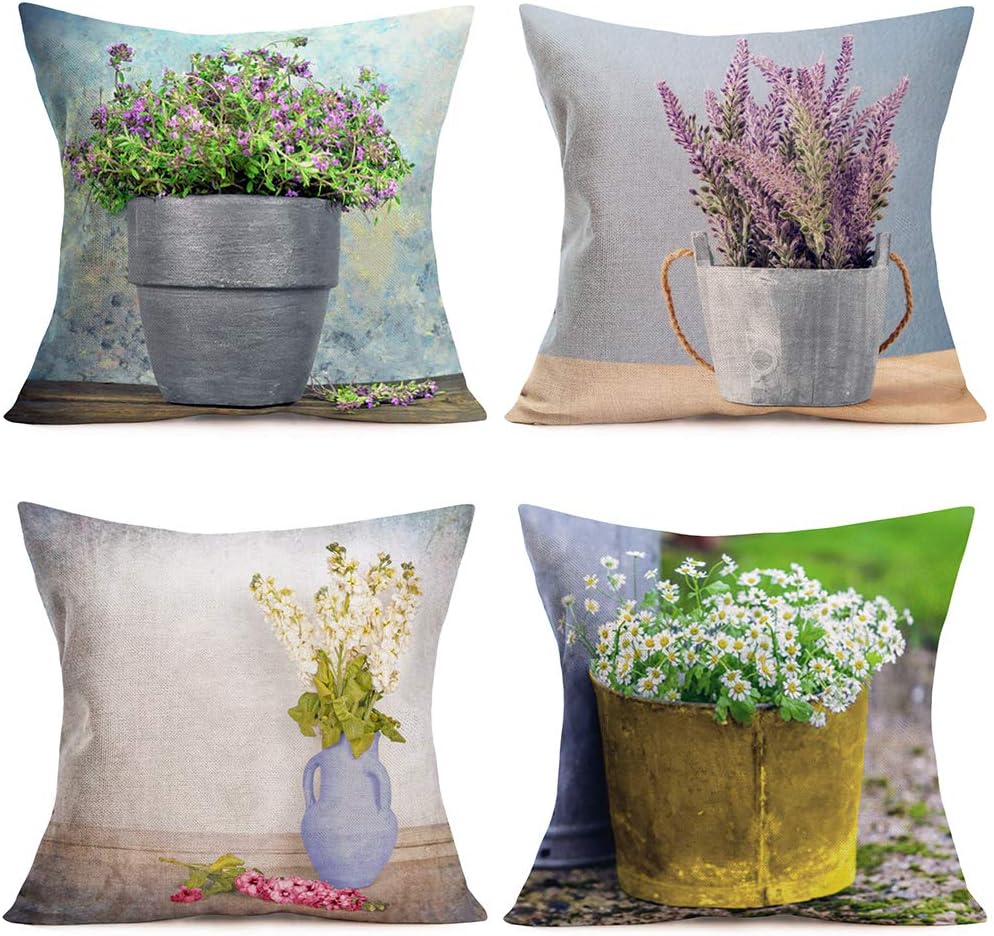 Asminifor 4Pack Vintage Rustic Farmhouse Garden Flowers Pillow Covers Retro Floral Pot Plant Lavender Daisy Flowers Realistic Design Cotton Linen Pillowcase Home Sofa Cushion Cover 18”x18 (VG-Floral)
