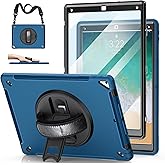 Case for iPad Pro 12.9 2nd Generation 2017& 2015 1st Generation, Heavy Duty TPU Protective Cover with Screen Protector- 360° Rotatable Stand + Handle Hand & Shoulder Strap + Pencil Holder- Blue