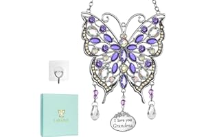LARAINE Butterfly Rhinestones Hanging Ornaments Charm Mom Mother's Day Butterfly Wind Chime Ornament Charm with Metal Heart Gifts for Mom Grandma Aunt Birthday (Purple, Grandma)