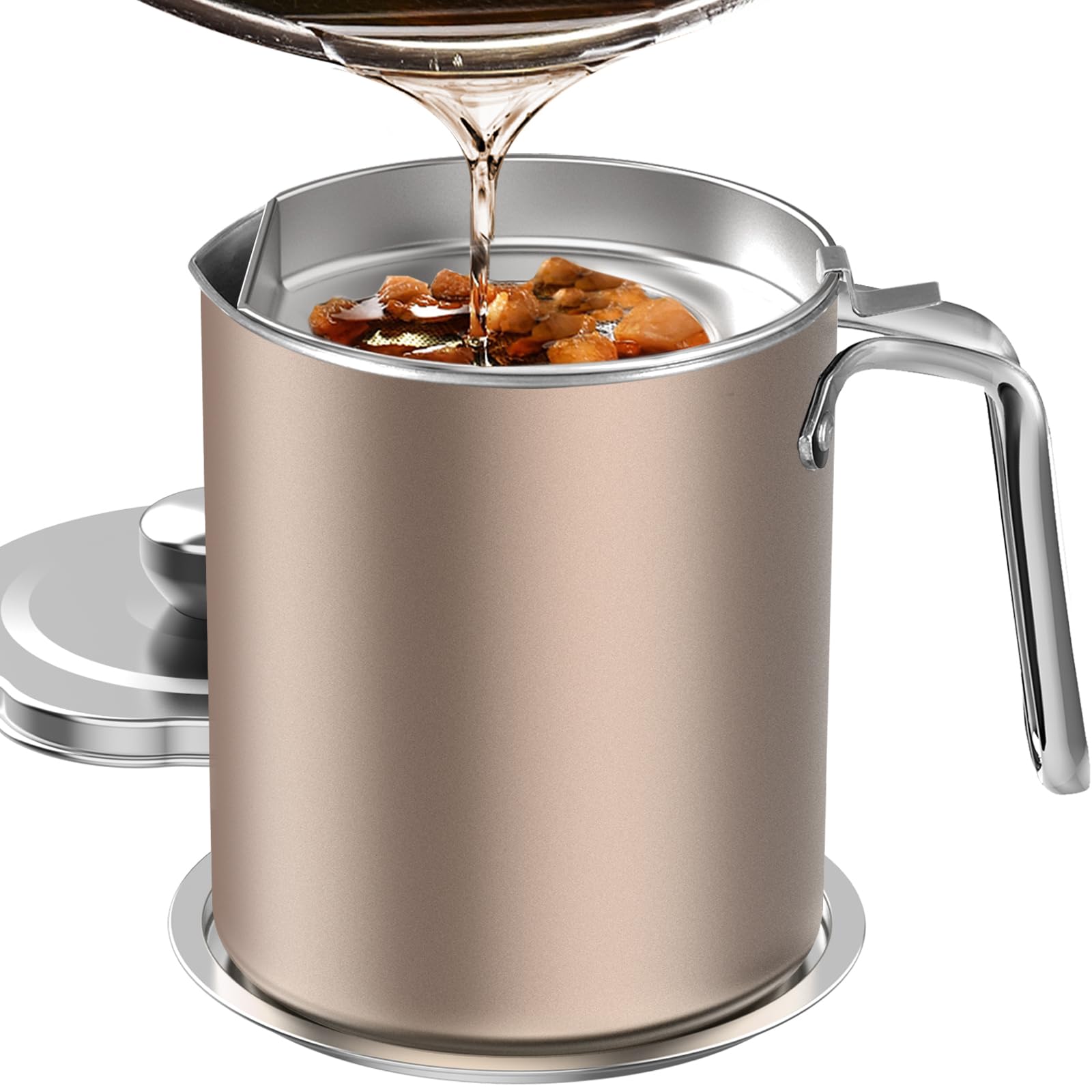 Chihee Grease Container Stainless Steel Bacon Grease Saver with Fine Mesh Strainer 2L Oil Container Grease Can with Dust-Proof Lid Non-Slip Tray for Kitchen Storing Frying Cooking Grease