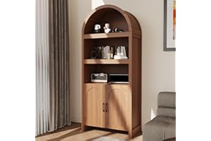 71" Tall Bookshelf Arched Cabinet with Storage, Mid-Century Bookcase Modern Wooden Kitchen Pantry Display Storage Cabinet wit